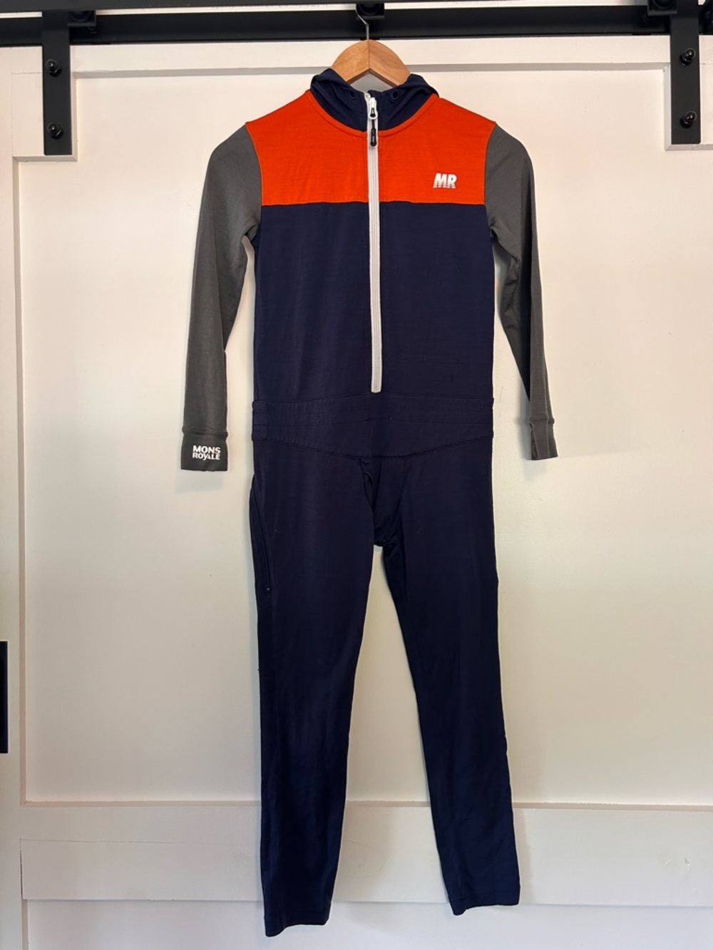 Kids Mons Royale Colorblock Merino One-Piece Ski Base Layer - Navy/Orange/Grey
